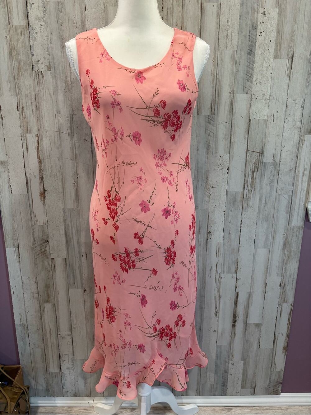 R&K Pink Floral Midi Dress 10 Ruffle Hem Y2K Cottagecore Wedding Guest Spring